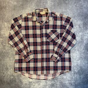 Vintage Open Trails Mens Large Flannel Shirt Blue White Red Plaid Cotton